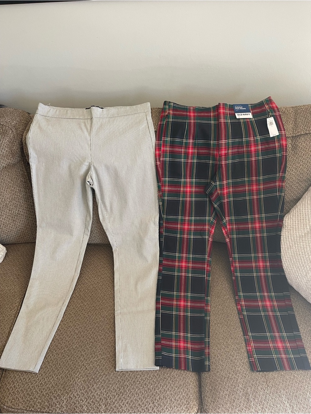 Old Navy Red, Green & Black Plaid Trousers and Stretch White and Black Design.